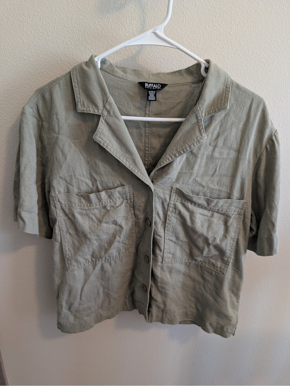 Buffalo Women's Small Olive Green Cropped Linen Short Sleeve Cargo Top Button Up